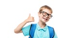 horizontal portrait of a happy school boy wearing glasses isolated on white background Royalty Free Stock Photo