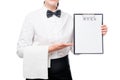 Horizontal portrait of a waitress with menu blank in hands Royalty Free Stock Photo