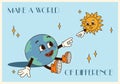 Horizontal poster or card illustration groovy planet character in retro cartoon style of 60s 70s. Concept creation of the world