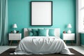 Horizontal poster frame mock up on cyan wall in bedroom. illustration Royalty Free Stock Photo