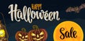 Horizontal poster with Happy Halloween lettering and engraving illustration