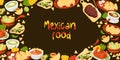 Horizontal poster mexican food. Latin American dishs Quesadilla, Taco, guacamole with nachos, green Soup and Tomato Soup