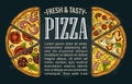 Horizontal poster slice pizza Pepperoni, Hawaiian, Margherita, Mexican, Seafood, Capricciosa. Royalty Free Stock Photo