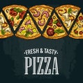 Horizontal poster slice pizza Pepperoni, Hawaiian, Margherita, Mexican, Seafood, Capricciosa. Royalty Free Stock Photo