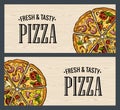 Horizontal poster slice pizza Pepperoni, Hawaiian, Margherita, Mexican, Seafood, Capricciosa. Royalty Free Stock Photo