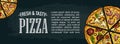 Horizontal poster slice pizza Pepperoni, Hawaiian, Margherita, Mexican, Seafood, Capricciosa. Royalty Free Stock Photo