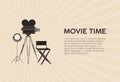 Horizontal poster template for movie festival with retro film camera standing on tripod, studio lamp, director chair and