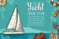 Horizontal poster for yacht club with text template. Vector engraving