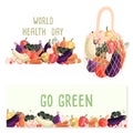 Horizontal posters templates with collection of fresh organic vegetables. Reusable shopping bag full of fresh vegetables.