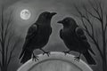 AI black and white generated pencil paint image of two ravens under a fool moon Royalty Free Stock Photo