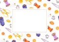 Horizontal rectangular frame of sewing items and copy space for text. Scissors, thread spools, round buttons, pins, thimble Royalty Free Stock Photo
