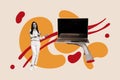 Horizontal retro creative photo collage of young attractive happy woman showing pointing at big hand holding laptop