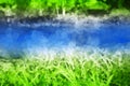 Horizontal river with grass on it`s banks llustration background