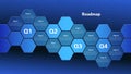 Horizontal roadmap with honeycombs on digital blue background. Timeline infographic template for business presentation. Vector