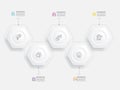 horizontal round hexagon steps timeline infographic element report background with business line icon 5 steps