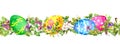 Horizontal row of Easter eggs hidden fresh green grass, spring flowers. Watercolor seamless banner, border