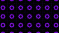 Horizontal rows of different flashing geometric figures of lilac color on black background. Animation. Transforming neon
