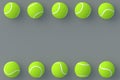 Horizontal rows of tennis balls on gray background. International championship