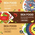 Horizontal seafood banners set for menu design with fish, crab, mussels, shrimp, lemon. Fresh seafood flyers for