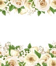 Horizontal seamless background with white roses, lisianthus and lilac flowers. Vector illustration. Royalty Free Stock Photo