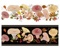 Horizontal seamless border with agaric mushrooms and autumn leaves on a white and black background