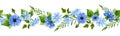 Horizontal seamless border with blue flowers and green leaves. Vector illustration Royalty Free Stock Photo