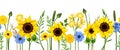 Horizontal seamless border with blue and yellow flowers. Vector illustration Royalty Free Stock Photo