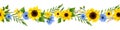 Horizontal seamless border with blue and yellow flowers. Vector illustration Royalty Free Stock Photo