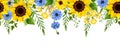 Horizontal seamless border with blue and yellow flowers. Vector illustration Royalty Free Stock Photo