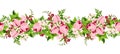 Horizontal seamless border with pink tulip and freesia flowers. Vector illustration.