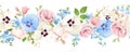 Horizontal seamless border with pink, white, and blue flowers. Vector illustration Royalty Free Stock Photo