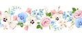 Horizontal seamless border with pink, white and blue flowers. Vector illustration. Royalty Free Stock Photo