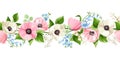 Horizontal seamless border with pink, blue, and white flowers. Vector illustration Royalty Free Stock Photo