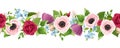 Horizontal seamless border with red, pink, purple and blue flowers. Vector illustration. Royalty Free Stock Photo