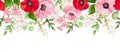 Horizontal seamless border with red, pink, and white flowers. Vector illustration Royalty Free Stock Photo