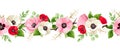 Horizontal seamless border with red, pink, and white flowers. Vector illustration Royalty Free Stock Photo