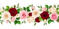 Horizontal seamless border with red, pink and white roses. Vector illustration. Royalty Free Stock Photo