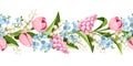 Horizontal seamless border with spring flowers. Vector floral garland Royalty Free Stock Photo