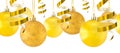 Horizontal seamless Christmas ornaments with glass yellow and gold balls and glossy gold ribbon isolated on white