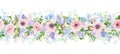 Horizontal seamless garland with pink, blue and purple flowers. Vector illustration. Royalty Free Stock Photo