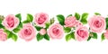 Horizontal seamless garland with pink roses. Vector illustration.