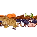 Horizontal seamless pattern of dried fruits & nuts, bananas, figs, prunes, raisins, for menu & culinary recipes decoration.