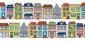 Horizontal seamless pattern hand drawn European city houses. Cute cartoon style vector illustration. Colorful modern townhouse bui