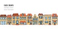 Horizontal seamless pattern hand drawn European city houses. Cute cartoon style vector illustration. Colorful modern townhouse bui