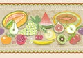 Horizontal seamless pattern set fruit with realistic shadow with colored ornament. illustration Royalty Free Stock Photo