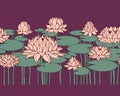 Horizontal seamless pattern, water lily flowers and leaves, for ornaments, decorative frames and borders Royalty Free Stock Photo