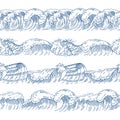 Horizontal seamless patterns with different ocean waves. Hand drawn pictures set
