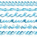 Horizontal seamless patterns with stylized blue waves Royalty Free Stock Photo