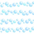 Horizontal seamless soap bubble stripes, lines with realistic water beads, blue blobs, vector foam