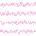 Horizontal seamless soap bubble stripes, pink naive and simple lines with water bubbles, vector